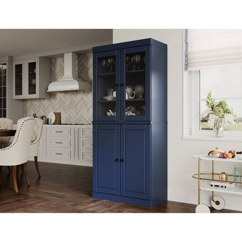 Palace Imports Solid Wood Pantry Cabinet, Raised Panel & Clear Glass Doors, 2 Drawers, Adjustable Shelves