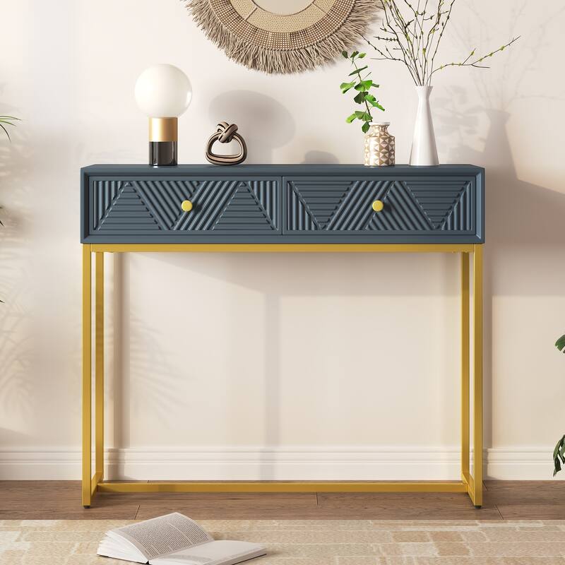 38" Modern Console Table with Two Drawers and Gold Metal Base for Entryway, Living Room