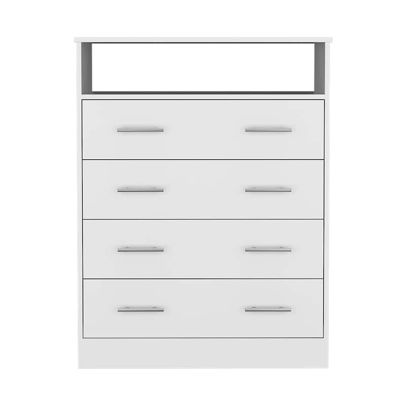 L Four Drawer Dresser, Superior Top, One Open Shelf -White