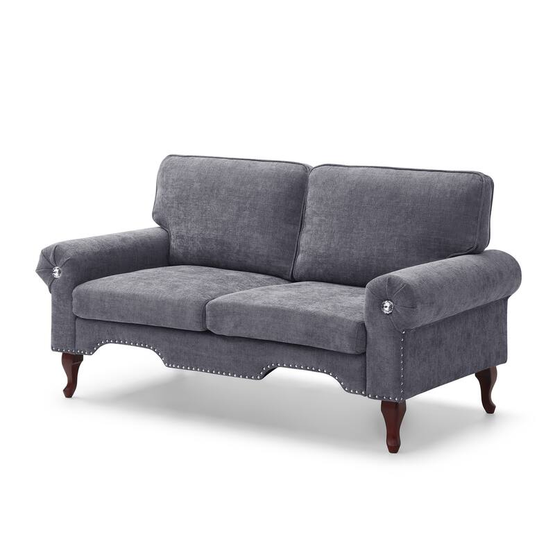 66" Linen Loveseat Sofa with Wooden Legs, Crystal Buttons & Tufted Back