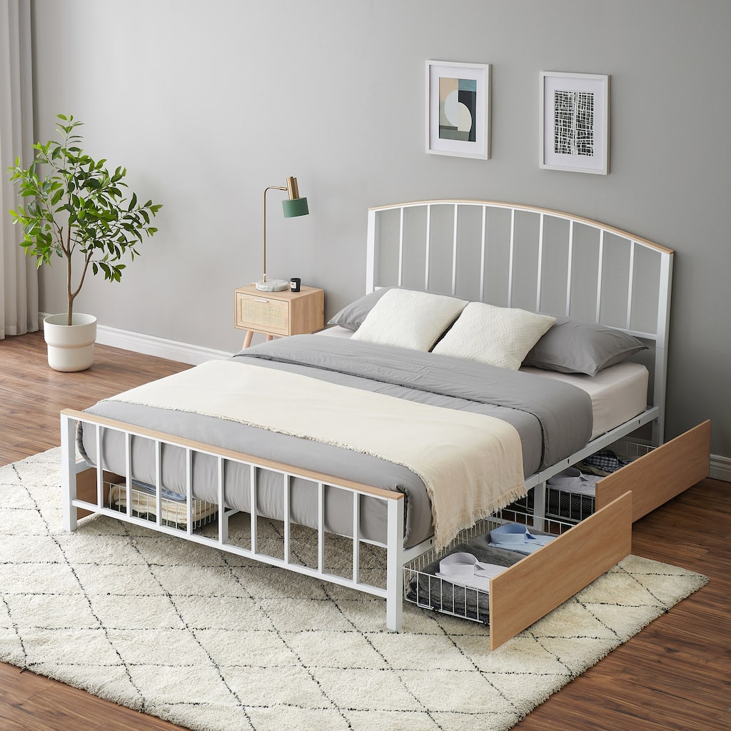 Modern Geometric Metal Platform Bed Frame with 4 Drawes Storage