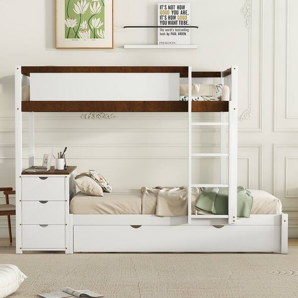 slide 2 of 49, Modern Style Twin over Twin Bunk Bed with Twin size Trundle, Storage and Desk, Outlets with USB, Maximized Space, White+Walnut Walnut