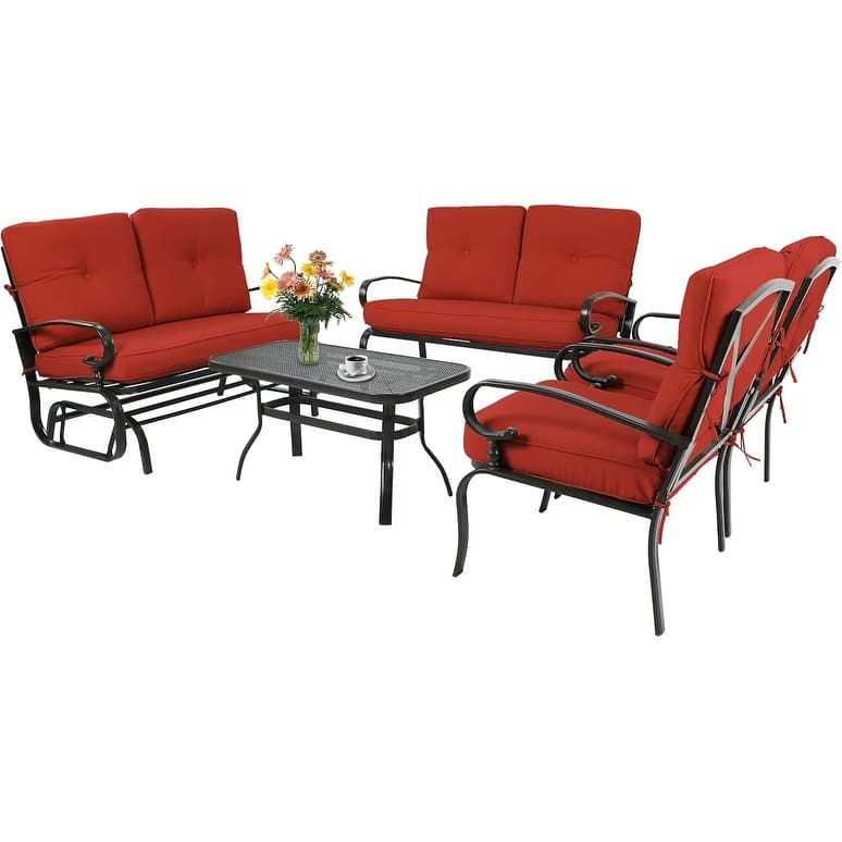 5-Piece Outdoor Patio Conversation Set Glider Loveseat and Rocker with Cushions