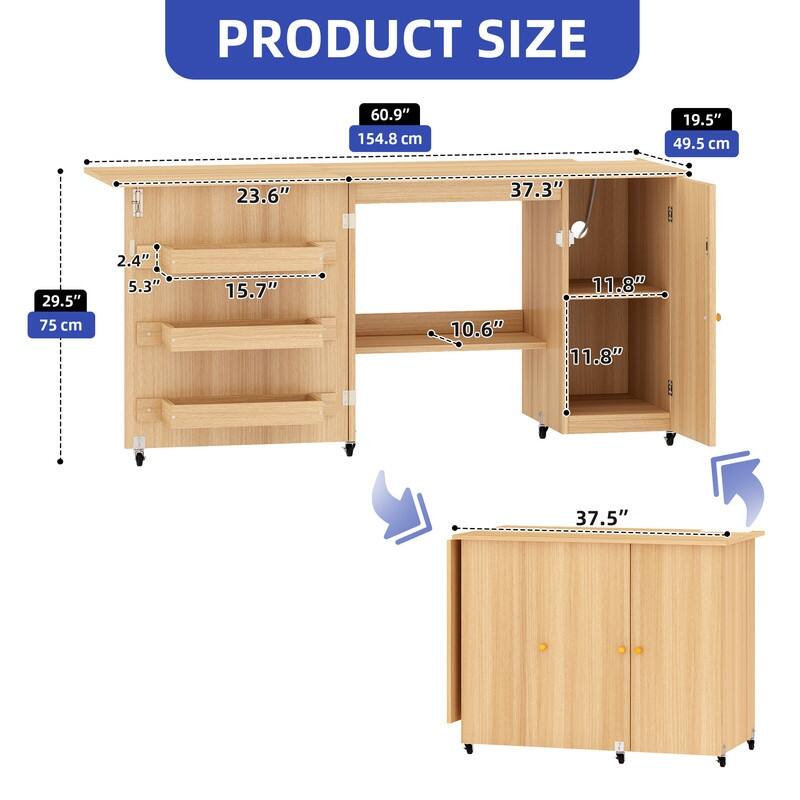 Moasis Folding Sewing Craft Table with Storage Shelves Cabinet With Charge Station