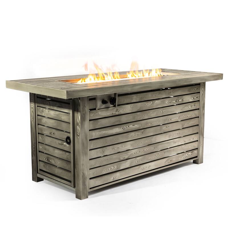 54inch Outdoor Fire Table Steel Fire Pit Table with Wood Grain Surface - Light beige