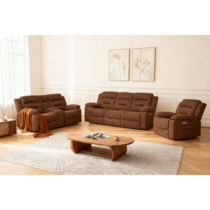 3-Piece Modular Power Recliner Fabric Sofa Set with USB & USB-C Charging For Livingroom - Brown