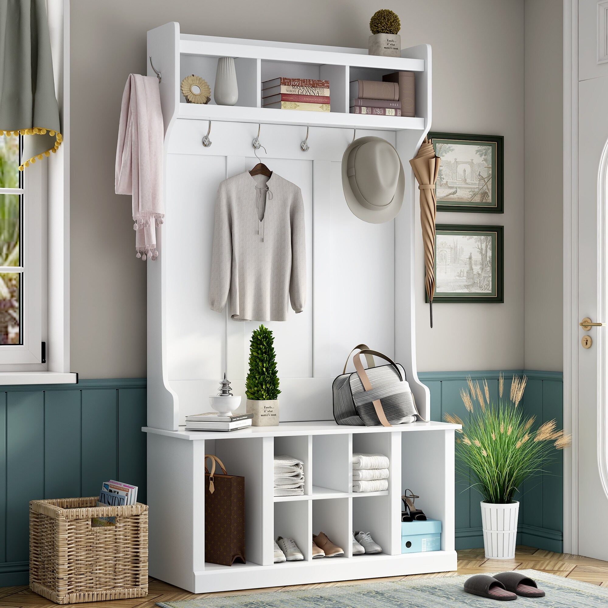 Entryway storage bench with coat rack on sale