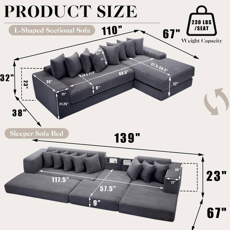 Corduroy L-shaped Chaise Sectional Sofa Convertible Sleeper Sofa Bed