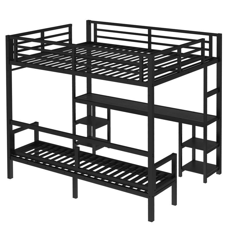 Multi-Functional Queen/Twin XL Metal Bunk Bed with Desk, Shelves, LED Lights, USB, and Sofa Conversion