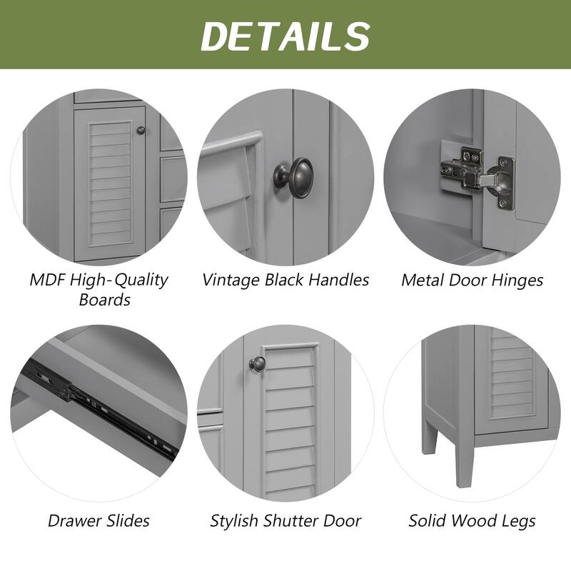36" Modern Bathroom Vanity Cabinet Base in Grey with Two Cabinets, Five Drawers & Open Storage Shelf, Solid Wood Frame