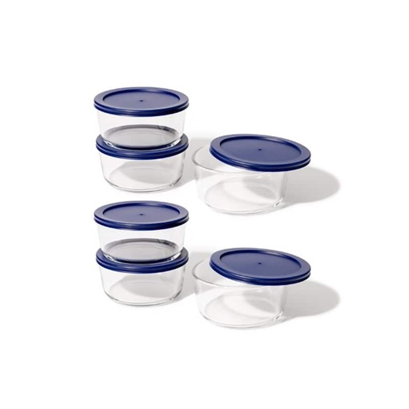 Glass Food Storage Containers Set - Round, 4-Cup (32oz) BPA-Free, Microwave & Oven Safe, Airtight Lids - 12 Piece Set (6 Containers + 6 Lids) - Blue