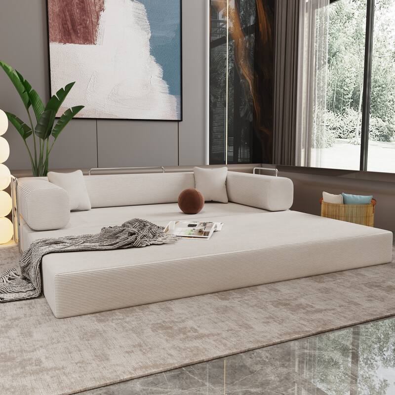 Beige Corduroy and Foam Double Sofa Bed with High - Elasticity Sponge and Soft Pillows