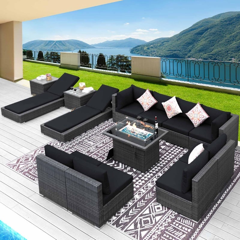 FINCATI 13 Pcs Patio Outdoor Wicker Furniture Sectional Sofa Set with Lounge Chair - 13 PCS - Black