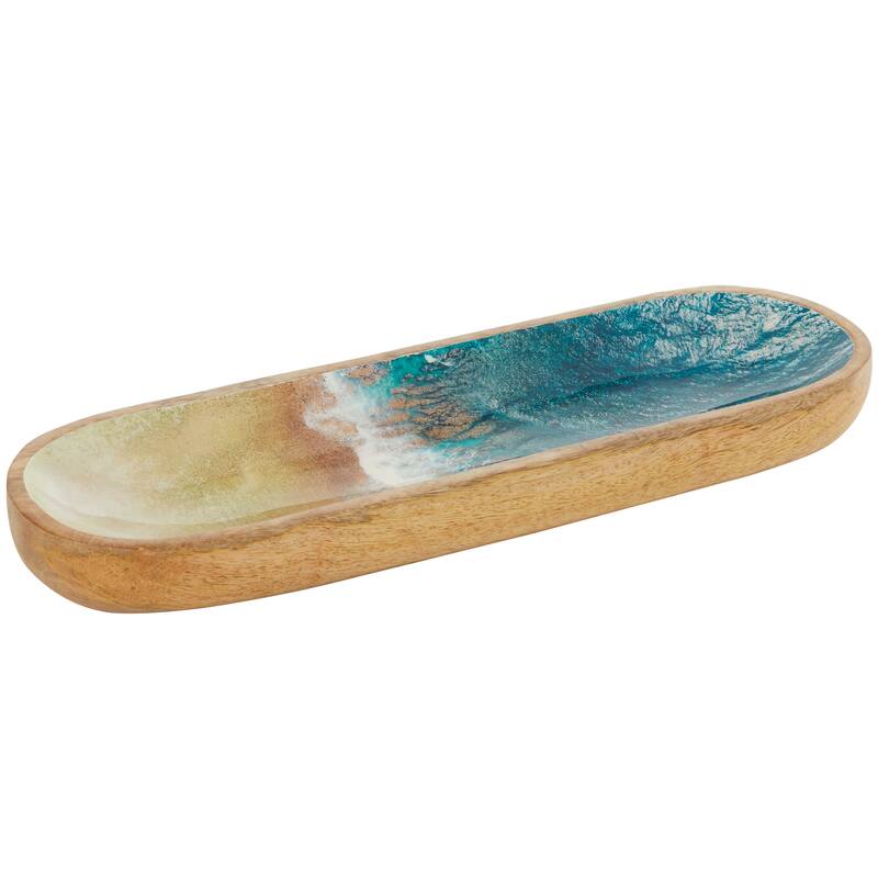 Brown Mango Wood Handmade Ocean Inspired Living Room Decor Tray with Colorful Enameled Interior