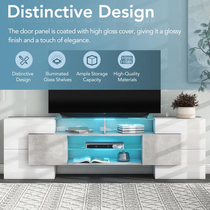 Modern Stylish TV Stand for TVs up to 88 Inches with LED Color-Changing Lights and 2 Glass Shelves, for Living Rooms