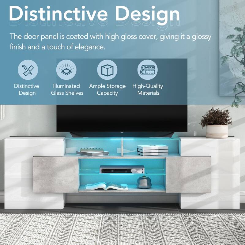 Modern TV Stand with Glass Shelves, Light Clips, TV Storage Cabinet Living Room Entertainment Center for TVs up to 88"