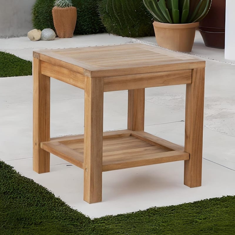 RRI Goods Teak Wood Side Table with Storage, Indoor and Outdoor Wooden End Table Deck, Porch, Balcony Backyard - 18"W