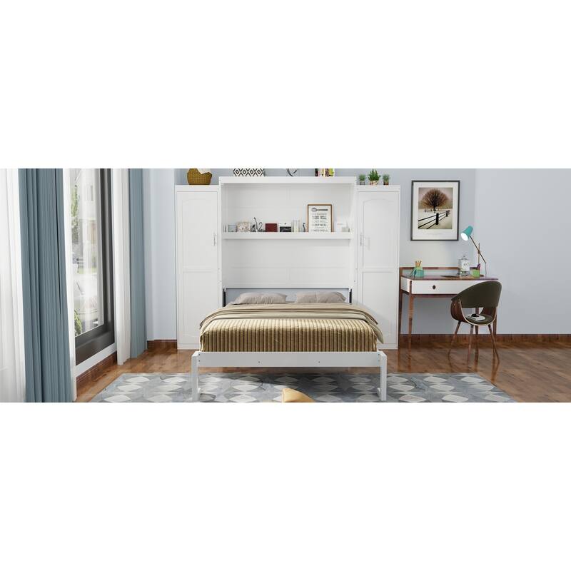 Queen Size Foldable Murphy Bed with Wardrobes and Storage Shelf, Space-Saving Platform Bedframe for Guest-Room, White