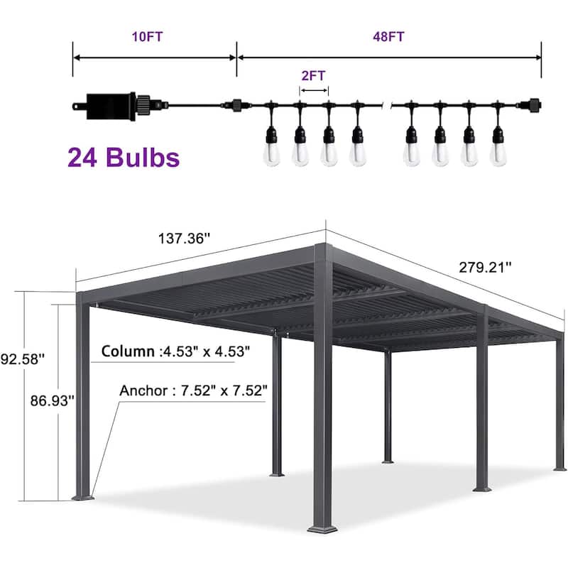 PURPLE LEAF Outdoor Louvered Pergola with Adjustable Metal Roof for Patio Pergola - 11.4' x 23.3' - Grey(String Light )