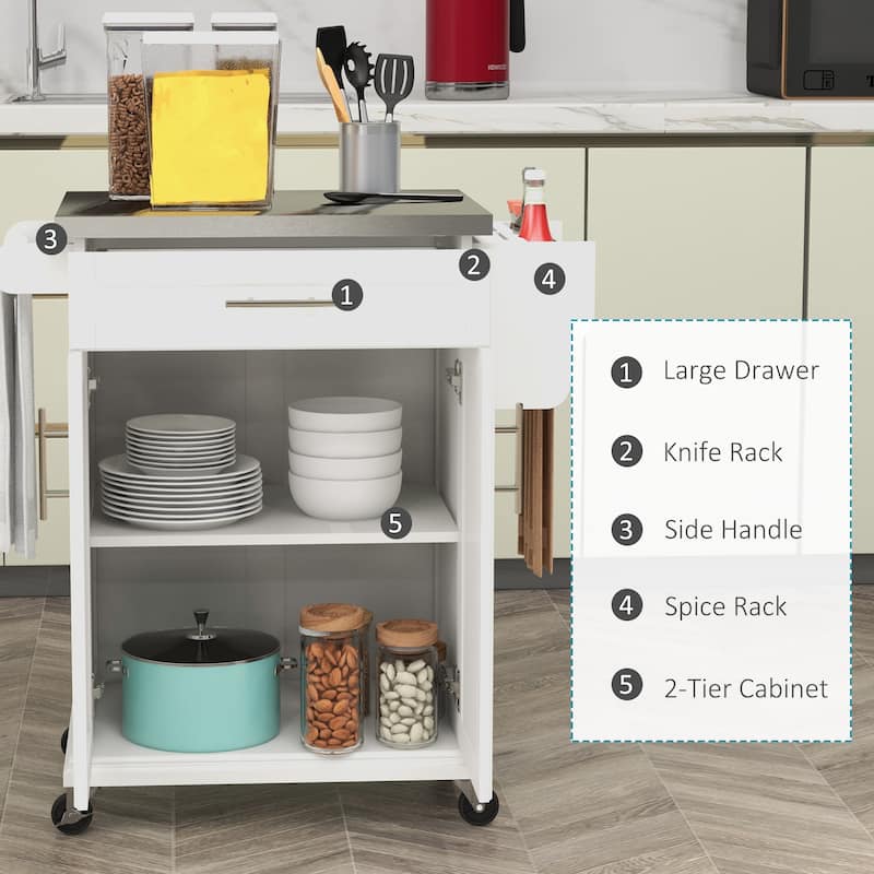 Kitchen Island on Wheels, Rolling Kitchen Cart with Stainless Steel Countertop, Drawer, Towel Rack and Spice Rack