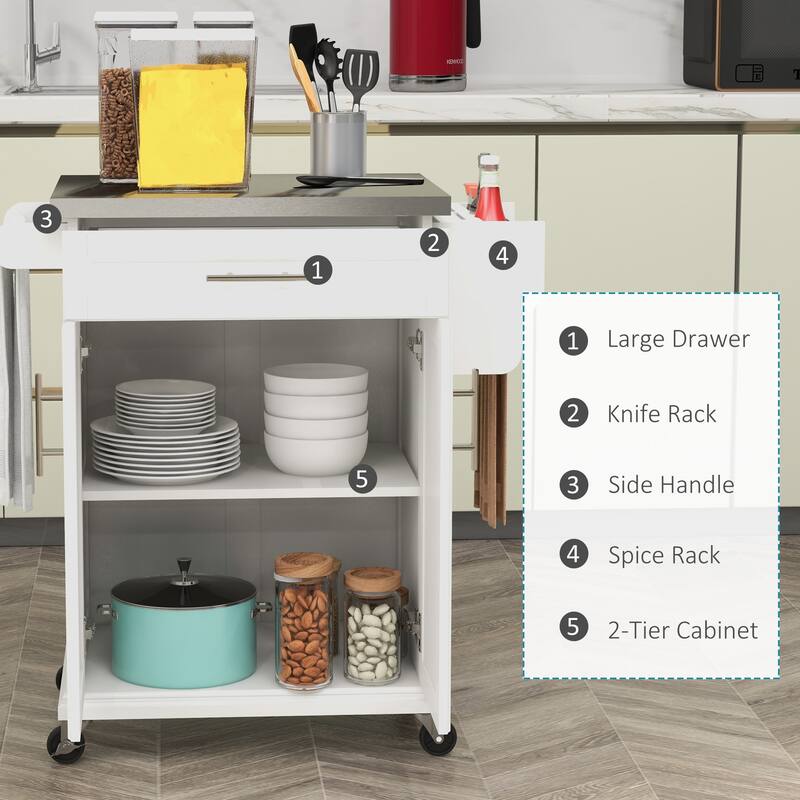 Kitchen Island on Wheels, Rolling Kitchen cart with Stainless Steel Countertop, Drawer, Towel Rack and Spice Rack