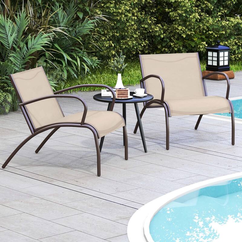 Gymax 3 Piece Patio Chair Set w/ Curved Fabric Seat Round Coffee Table