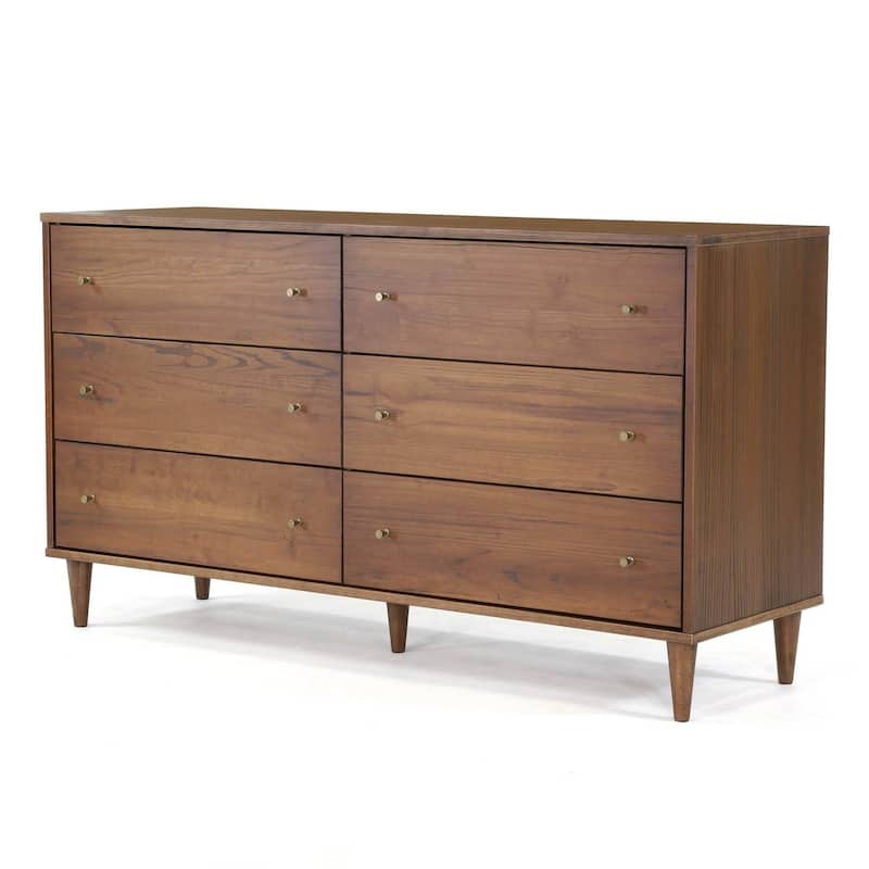 Farmhouse Rustic Mid Century 6 Drawer Dresser - Walnut