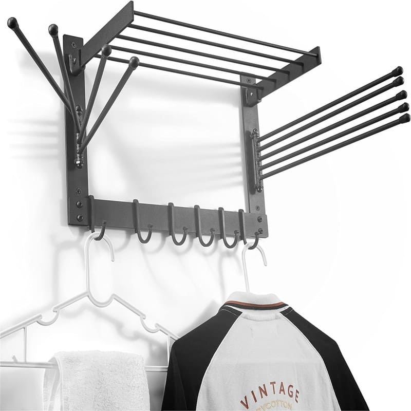 Clothes Drying Rack - Wall-Mounted Steel Laundry Clothes Organizer - 8.5"D x 17"W x 11.5"H - 8.5"D x 17"W x 11.5"H - black