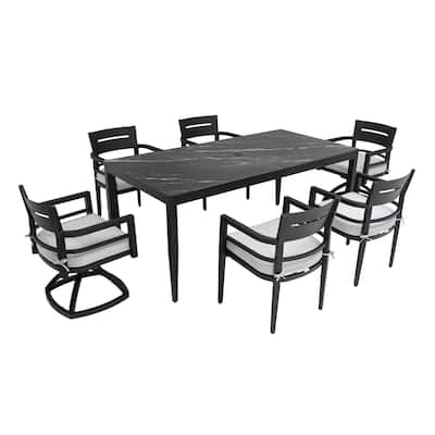 7-Piece Aluminum Dining Set - Black Marble Table 35.5"x71" with 4 Chairs and 2 Swivel Rockers, Ember Black