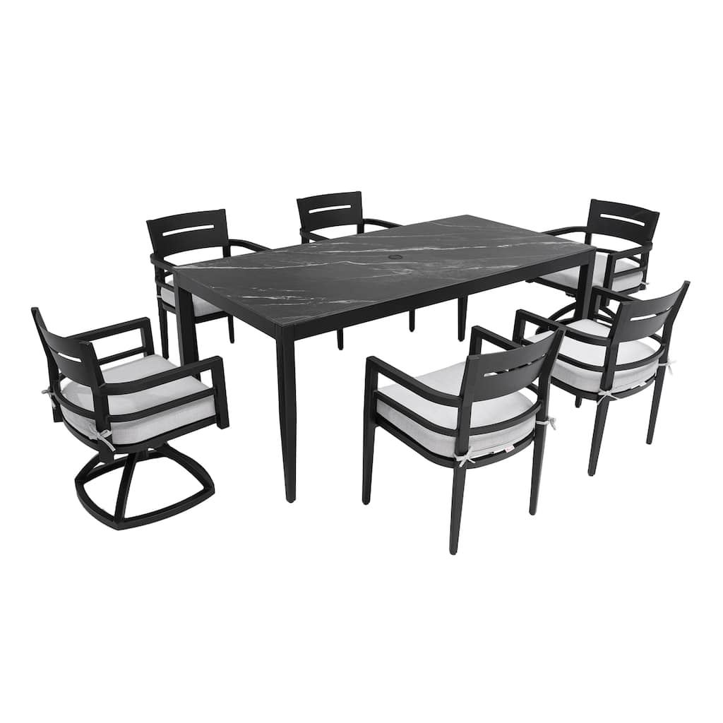 7-Piece Aluminum Dining Set - Black Marble Table 35.5"x71" with 4 Chairs and 2 Swivel Rockers, Ember Black