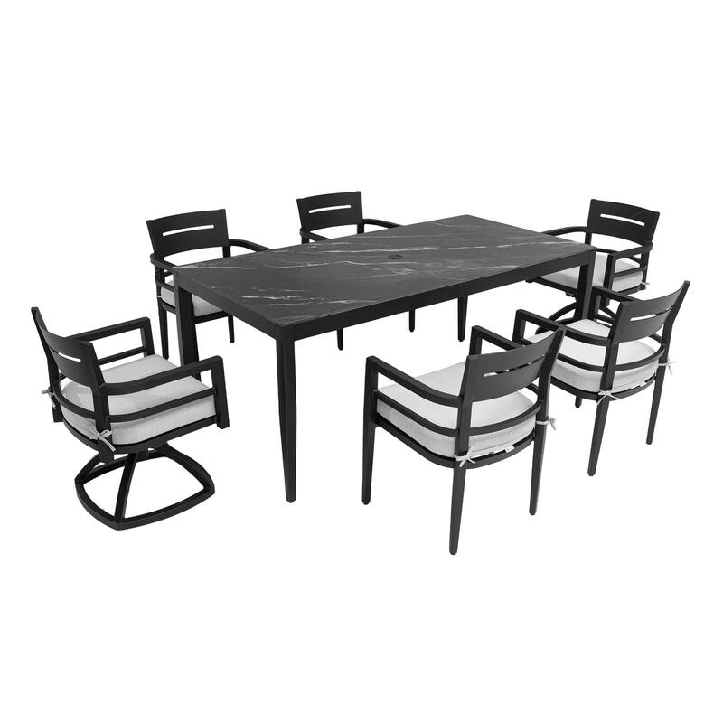 7-Piece Outdoor Patio Aluminum Dining Set with Marble-pattern Tabletop, 2 Swivel Rocker & 4 Armchairs, Umbrella Hole