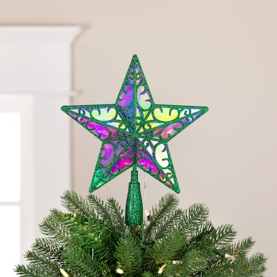 LED Lighted Glittered Star Christmas Tree Topper - 11" - Green - Multicolor Lights