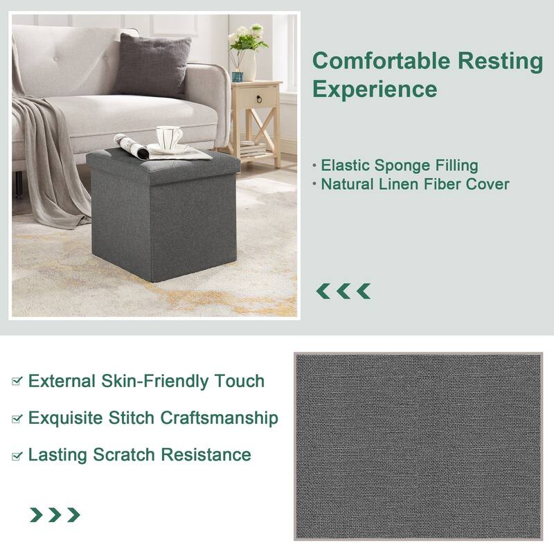 Javlergo 15" Foldable Storage Ottoman, Tufted Linen Foot Rest Stool/Seat Toy Chest