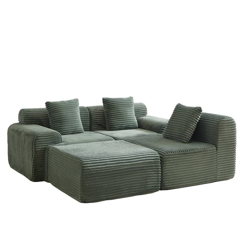 L-Shaped Modular Sectional Sofa with Ottoman, Corduroy Upholstered Boneless Couch, Deep Seat Sofa with Throw Pillows