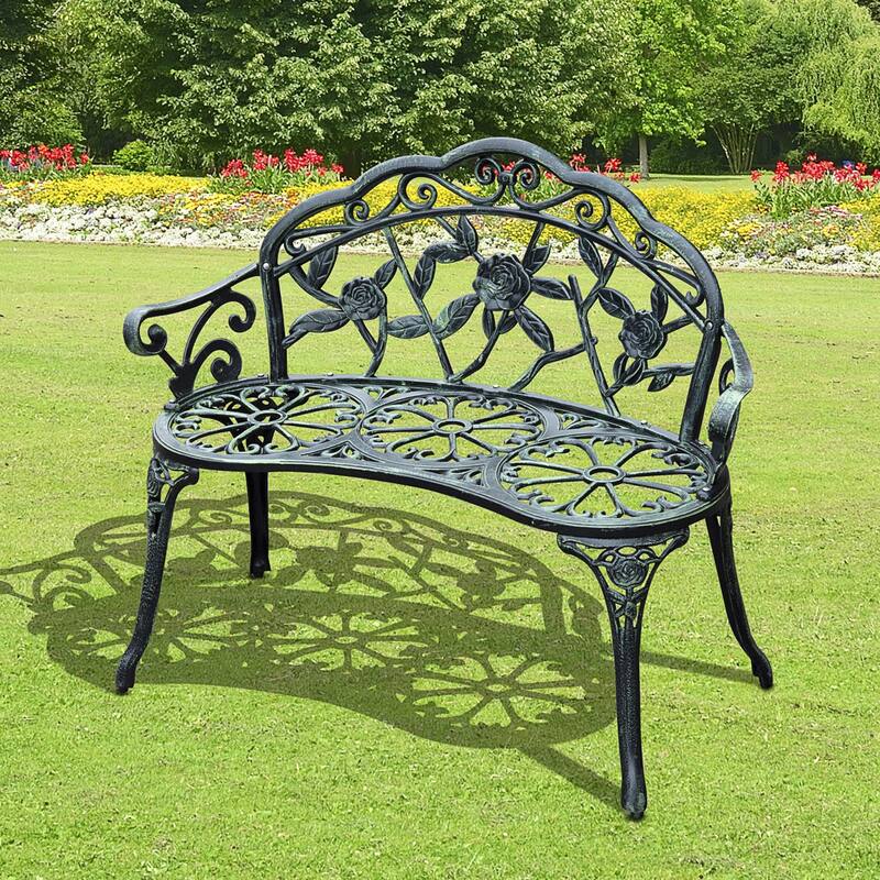 Outdoor Bench, Cast Aluminum Outdoor Furniture, Metal Bench With Floral Rose Accent & Antique Finish