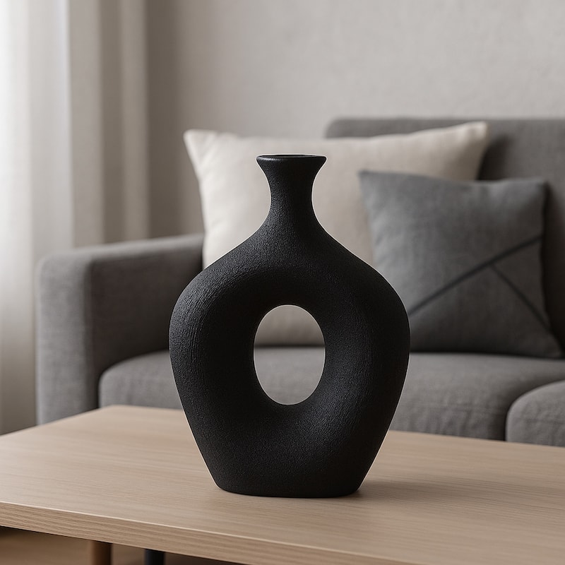 Modern Ceramic Textured Oval Cut-Out Vase - Home Decor - 13"