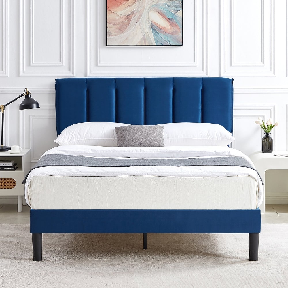 Javlergo Velvet Upholstered Platform Bed Frame with Adjustable Headboard 7.9 Inch Underbed Storage Bed Frame for Small Spaces