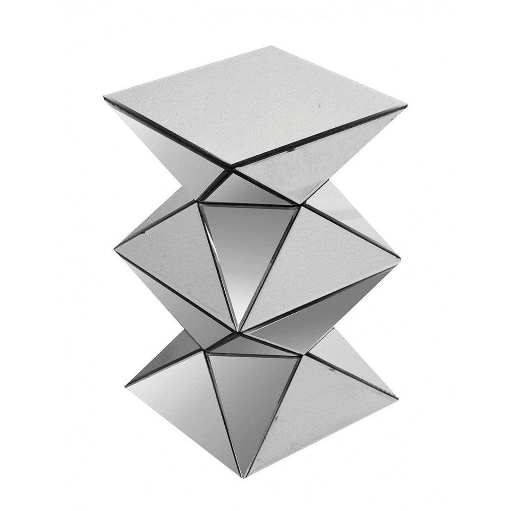 20 Inch Modern End Table, Square Mirror Top, Silver Geometric Pedestal Base - 12L x 12W x 20H in inches