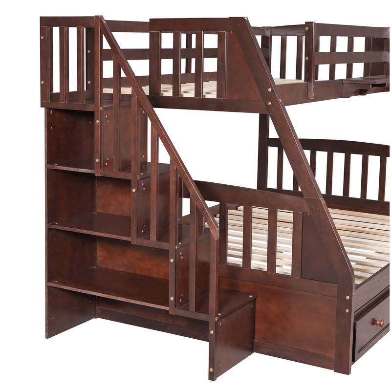 Twin Over Full Bunk Bed with 3 Drawers and Storage Staircase, Convertible to 2 beds,Wooden Bed Frame