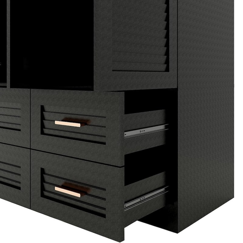 HomeRoots 71" Black Plantation Shutter Wood Four Door Four Drawer Combo Dresser