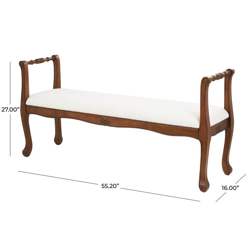 Cream Fabric Arm Home Bench with Brown Traditional Wood Turned Legs