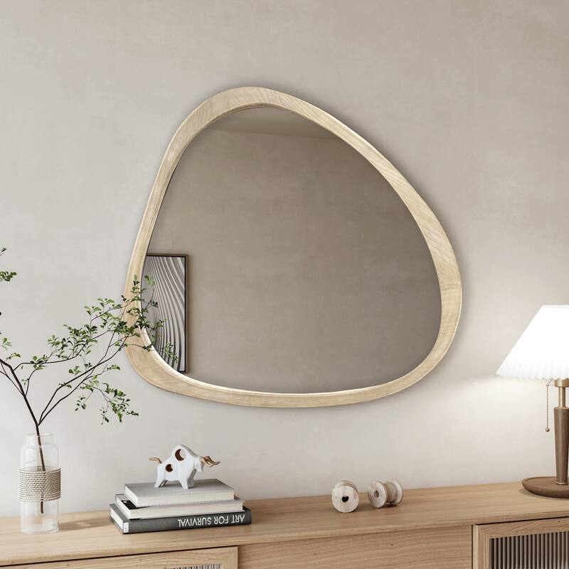 Solid Wood Asymmetrical Wall Mirror - Natural Wood Washed, Living Room, Bedroom - Natural Wood