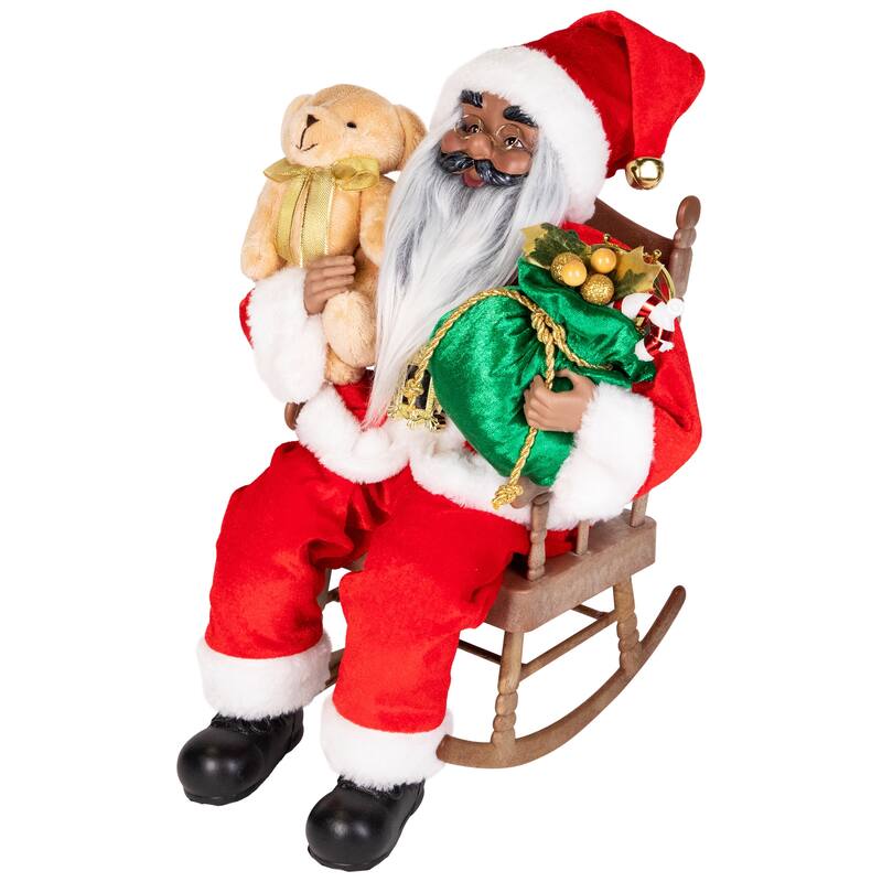 Animated and Musical African American Santa Rocking Chair Christmas Decoration - 14"