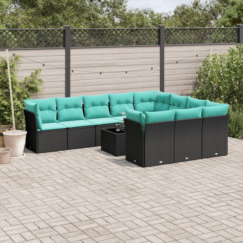 vidaXL 10 Piece Patio Sofa Set with Cushions Black Poly Rattan - Black and blue - 113.8x27.2x92.1-With table