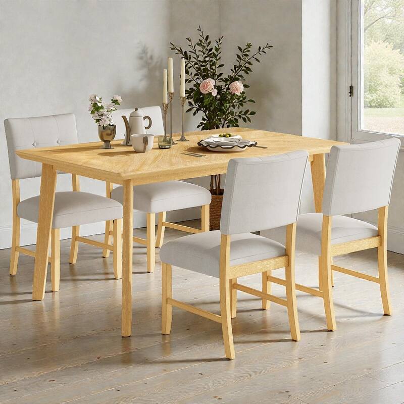 5-Piece Rustic Farmhouse Dining Set, Solid Wood Rectangular Table with 4 Upholstered Chairs for Kitchen & Dining Room - Natural