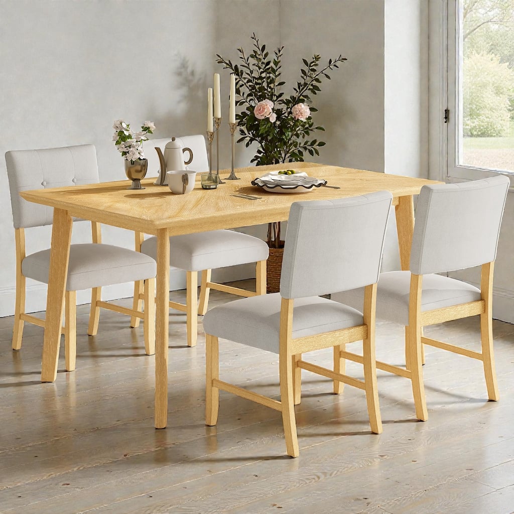 5-Piece Rustic Farmhouse Dining Set, Solid Wood Rectangular Table with 4 Upholstered Chairs for Kitchen & Dining Room