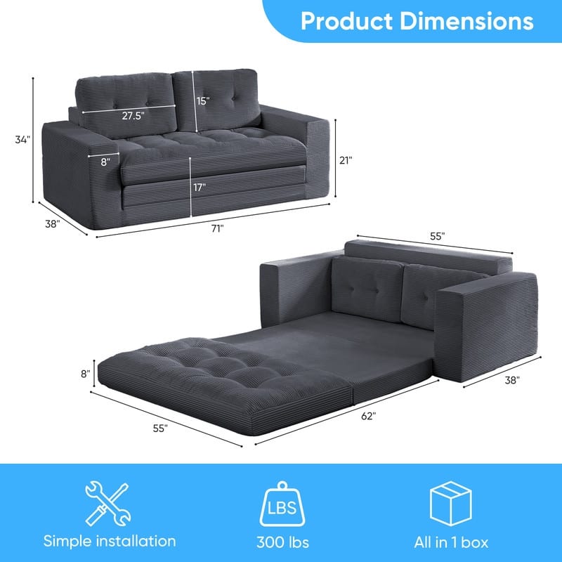 Mixoy 71'' 2-in-1 Convertible Futon Loveseat Sofa Bed,Corded Fabric Foldable Tufted Buttons 2-Seater Sleeper Sofa