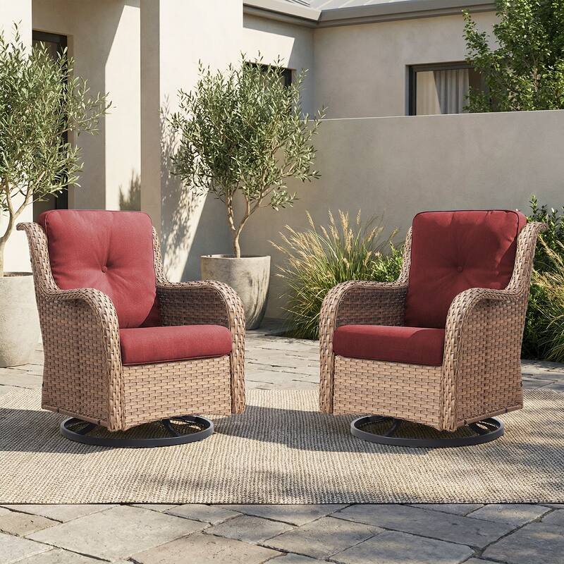 Pocassy Outdoor Wicker Glider Swivel Club Chairs (Set of 2) - Mix Grey - Yellow/Red