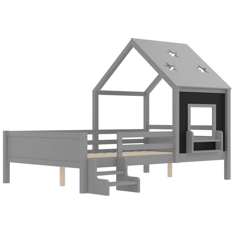 Low Profile Stairs Platform Bed Wood House Bed with Cute Star-shape Roof, Window, Bookcase and Blackboard for Boys and Girls
