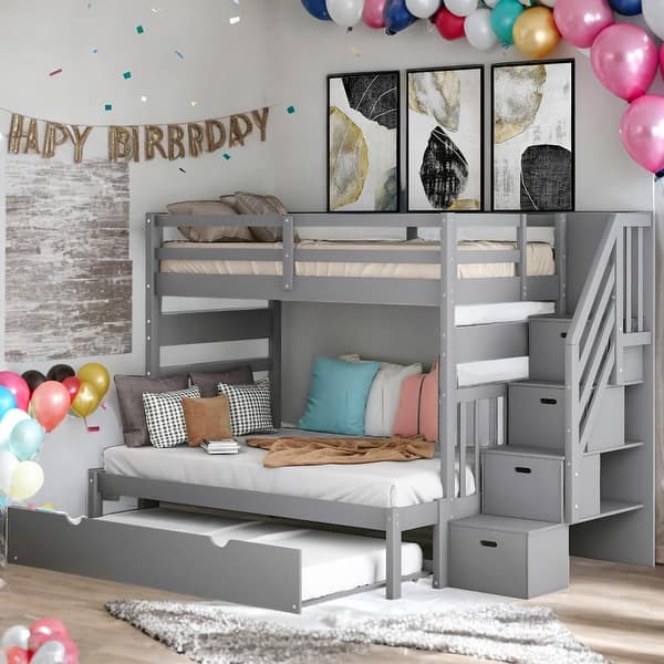 slide 2 of 20, Modern Twin over Twin/Full Bunk Bed With Twin Size Trundle And Maximized Storage Space For Bedroom,Dorm,Adults,Kids Grey